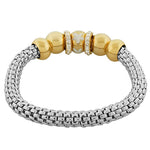 Stainless Steel Two-Tone Flowers Floral Design White CZ Stretch Mesh Bracelet