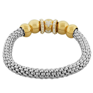 Stainless Steel Two-Tone Flowers Floral Design White CZ Stretch Mesh Bracelet
