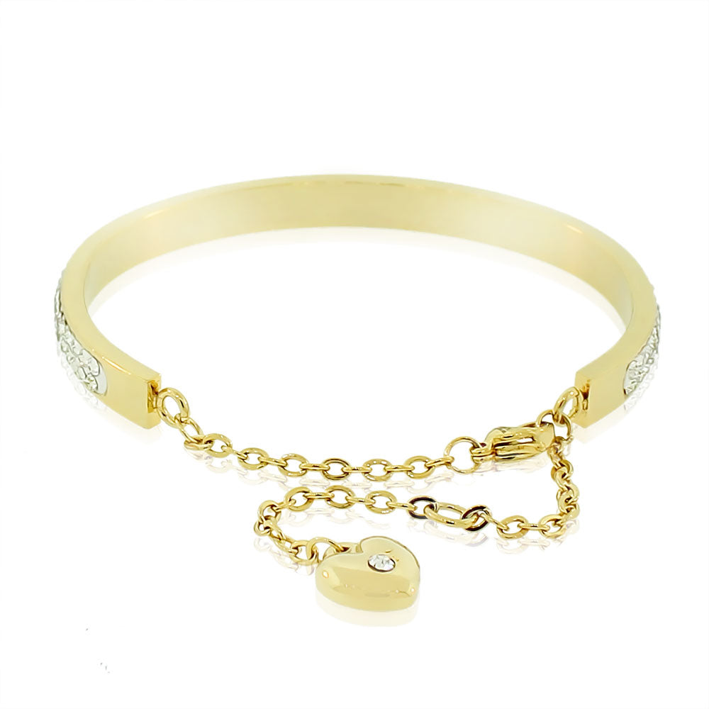 Stainless Steel Yellow Gold-Tone CZ Love Heart Adjustable Bangle Bracelet
