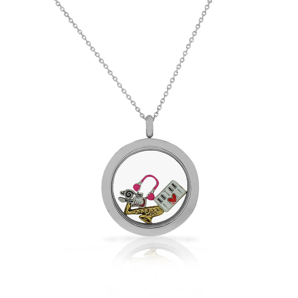 Stainless Steel Music Piano Saxophone Guitar Locket Pendant Necklace - Charms Included