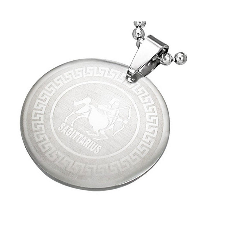 Stainless Steel Silver-Tone Greek Key Zodiac Sign Necklace Pendant - Sagittarius