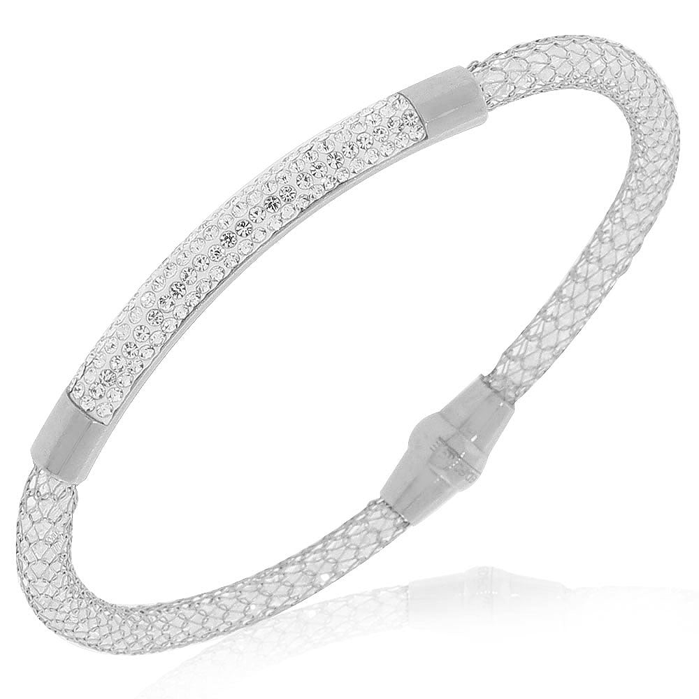 Mesh Bracelet Stainless Steel Silver White Clear CZ , 7.5"