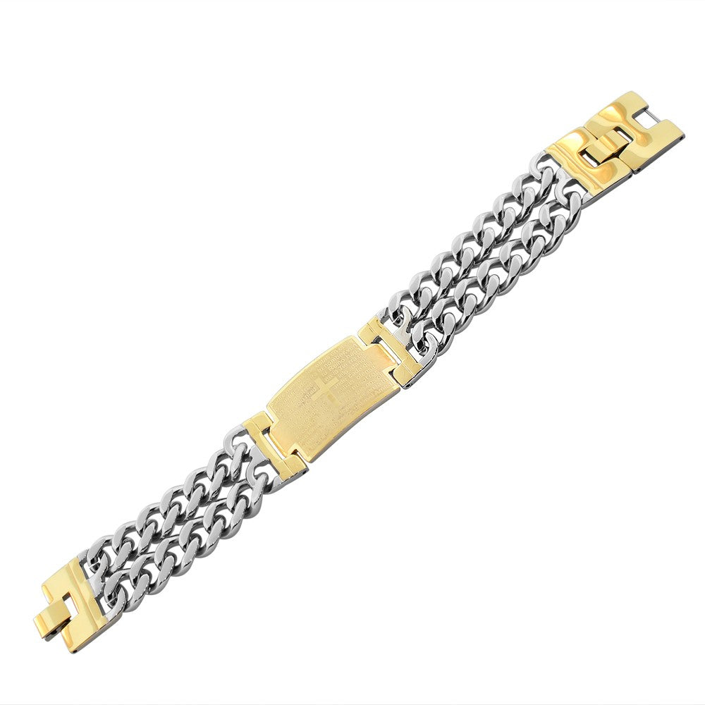Stainless Steel Two-Tone Men's Religious Lord's Prayer Padre Nuestro Spanish Chain Bracelet