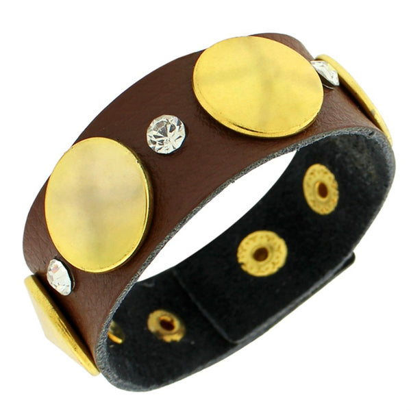 Faux Brown Leather Yellow Gold-Tone White CZ Wristband Wrap Bracelet