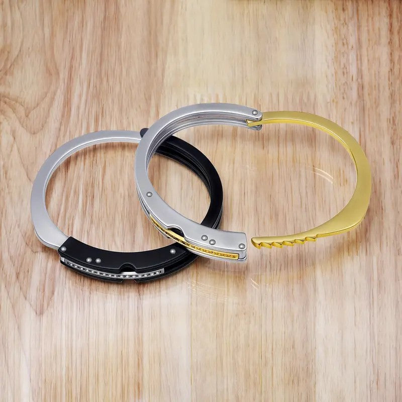 His and Hers Matching Stainless Steel Cuff Bracelets – Couples Love Bangle Set with CZ Stones