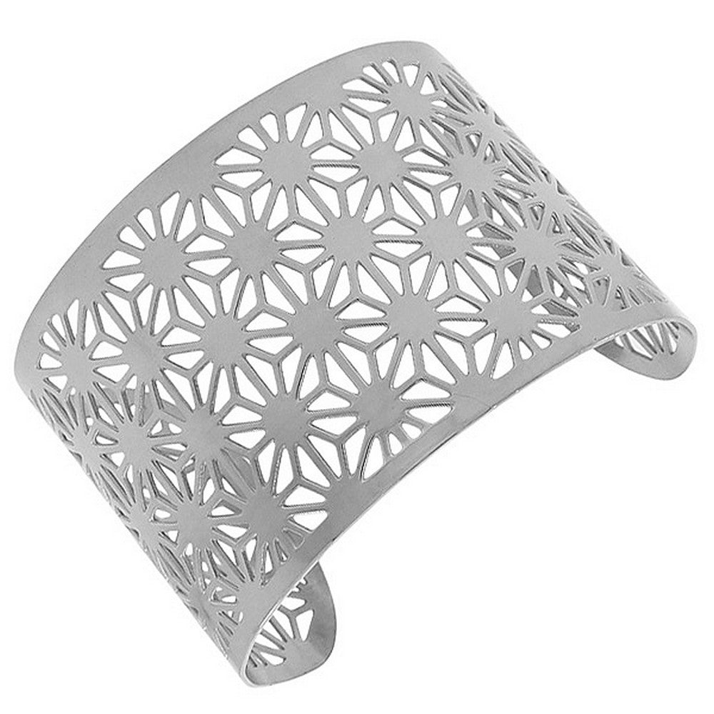 Stainless Steel Silver-Tone Cut-Out Design Wide Open End Cuff Bangle Bracelet