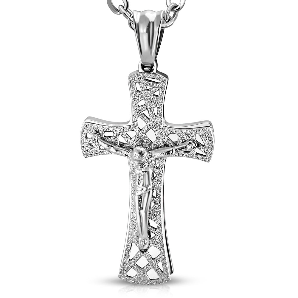 Stainless Steel Silver-Tone Jesus Cross Crucifix Pendant Necklace