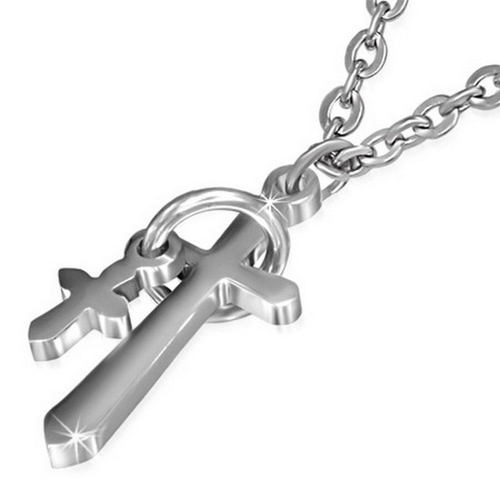 Stainless Steel Silver-Tone Double Religious Latin Cross Pendant Necklace