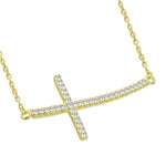 925 Sterling Silver Yellow Gold-Tone Womens Sideways Religious Cross White CZ Pendant Necklace