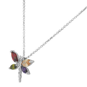 925 Sterling Silver Multicolor CZ Dragonfly Pendant Necklace Chain
