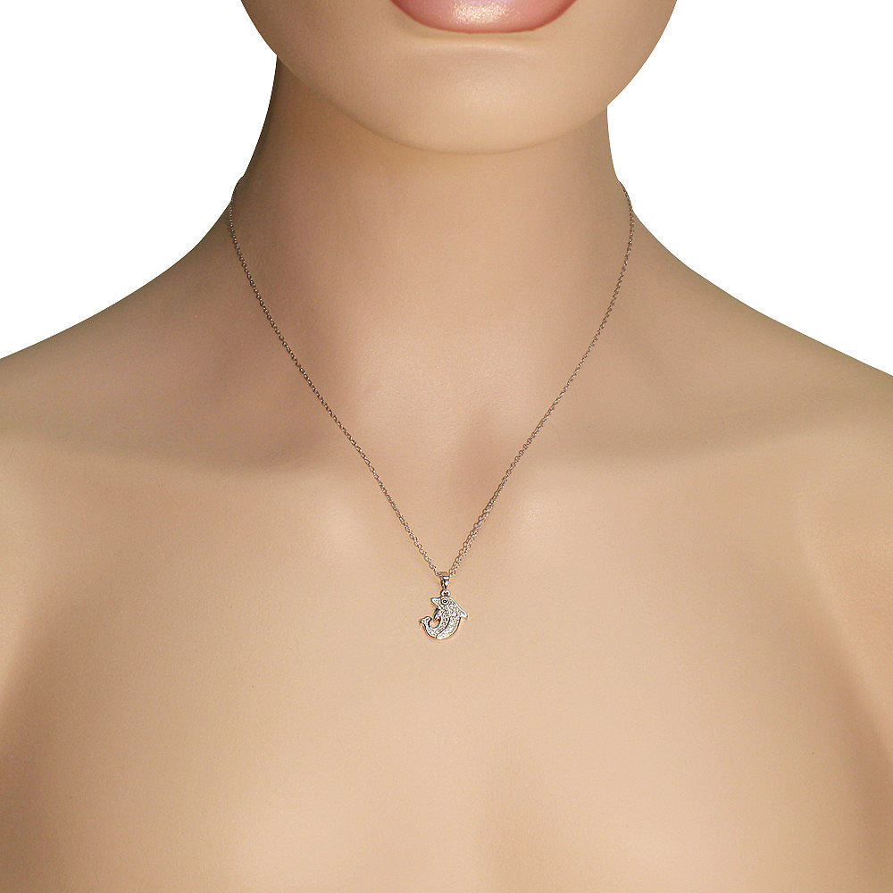 925 Sterling Silver White Clear Black CZ Dolphin Pendant Necklace, 18"