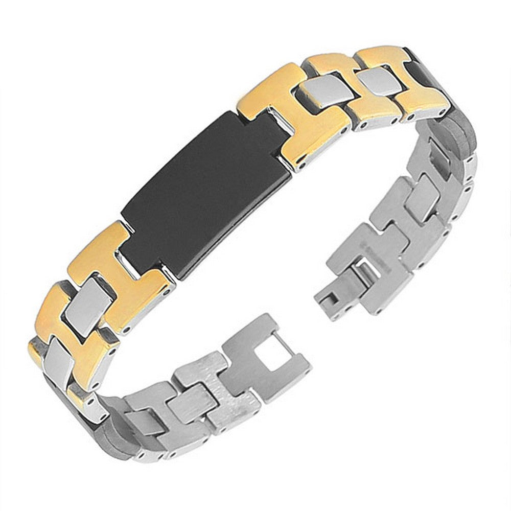Stainless Steel Black Yellow Gold-Tone Silver-Tone Men's Link Chain Bracelet