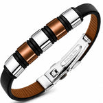 Men's Black Leather Bracelet Stainless Steel Two Tone Brown & Silver 5 Section Design, 8 Inch Men's Fashion Bracelet