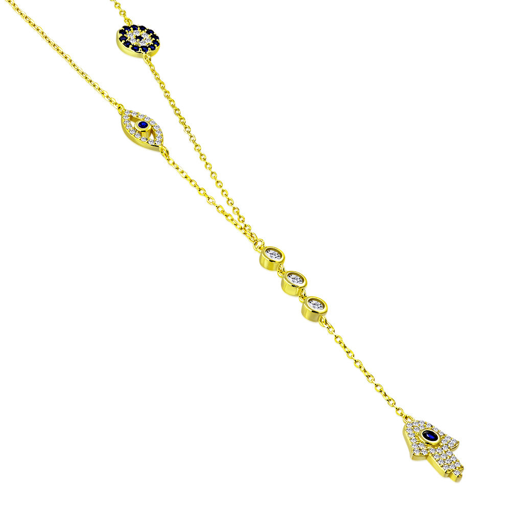 My Daily Styles 925 Sterling Silver CZ Y Necklace for Women with Hamsa, Evil Eye, and Bezel Set CZ Accents - Adjustable Chain 16"-18"