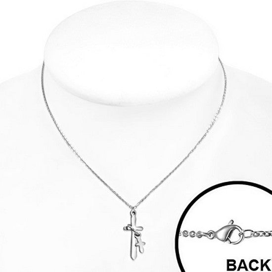Stainless Steel Silver-Tone Double Religious Latin Cross Pendant Necklace
