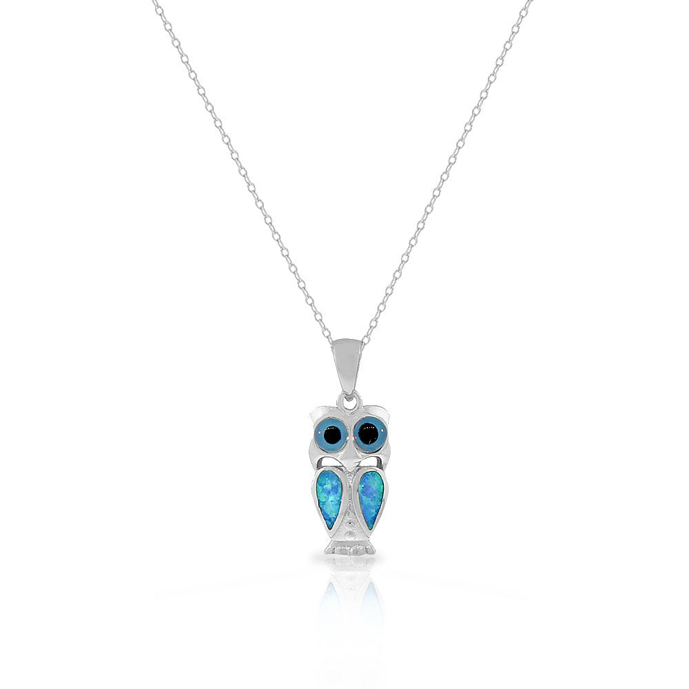 Inlay Opal Owl Necklace Pendant Sterling Silver