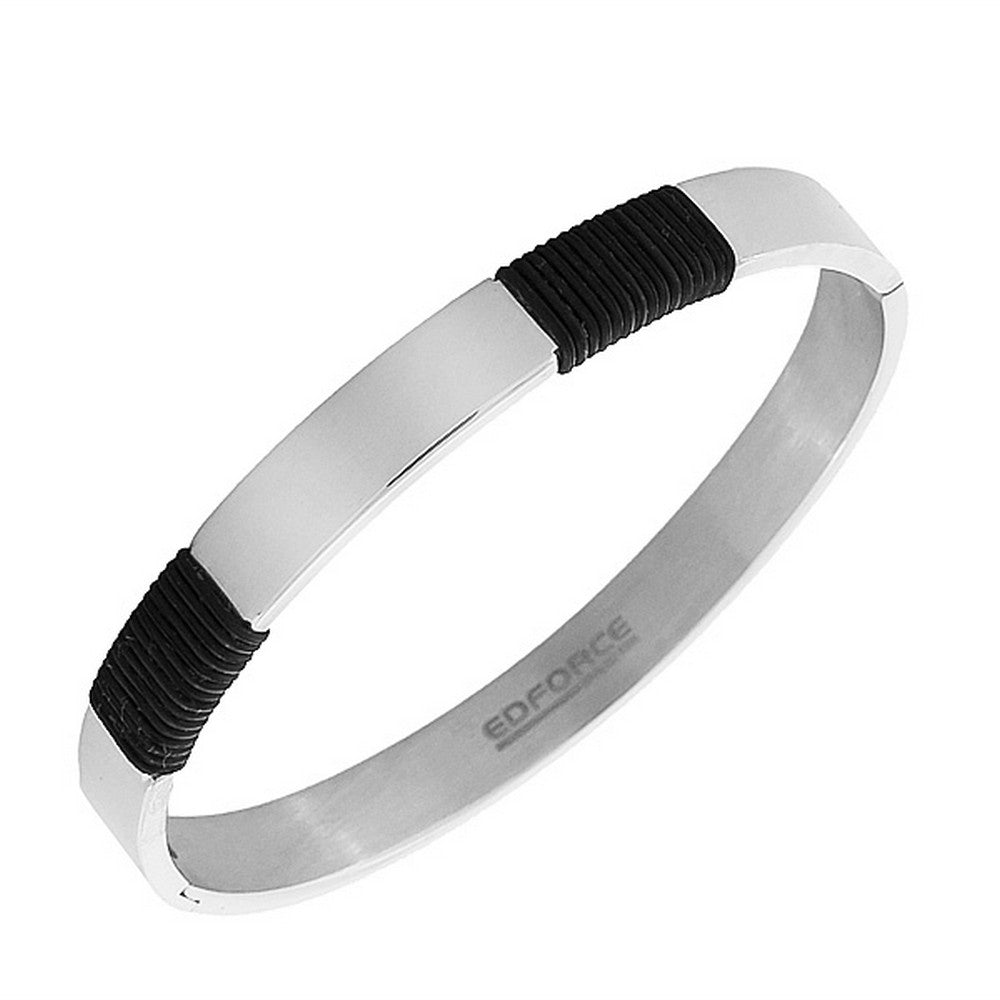 Stainless Steel Black Rubber Silicone Oval-Shaped Silver-Tone Bangle Bracelet