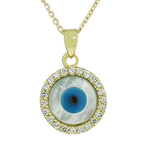 925 Sterling Silver Yellow Gold-Tone CZ Simulated Mother-of-Pearl Evil Eye Pendant Necklace