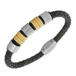 Stainless Steel Black Leather Two-Tone Men's Bracelet