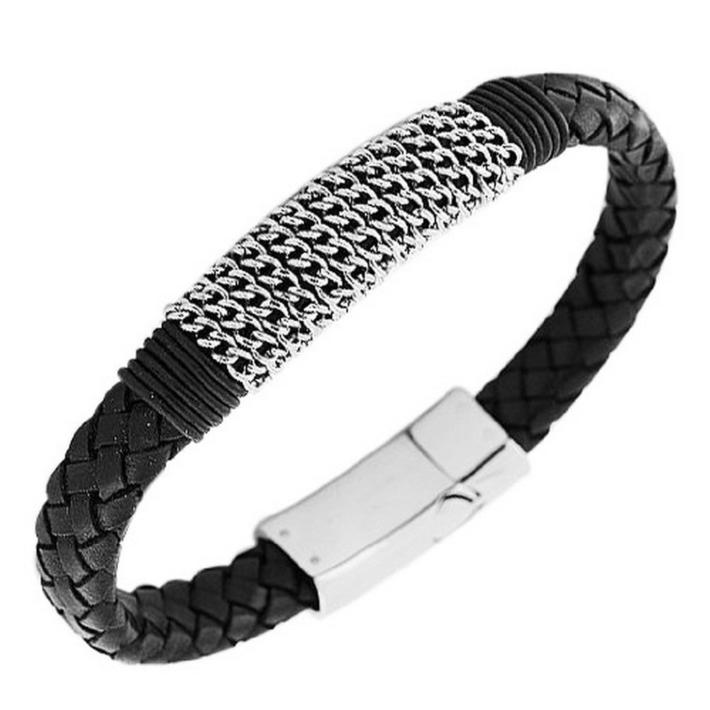 Stainless Steel Black Leather Chain Design Bracelet