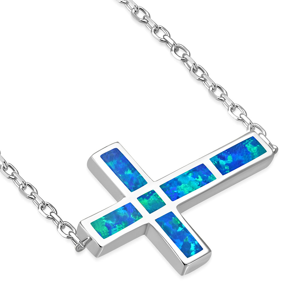 925 Sterling Silver Blue Simulated Opal Sideways Cross Pendant Necklace