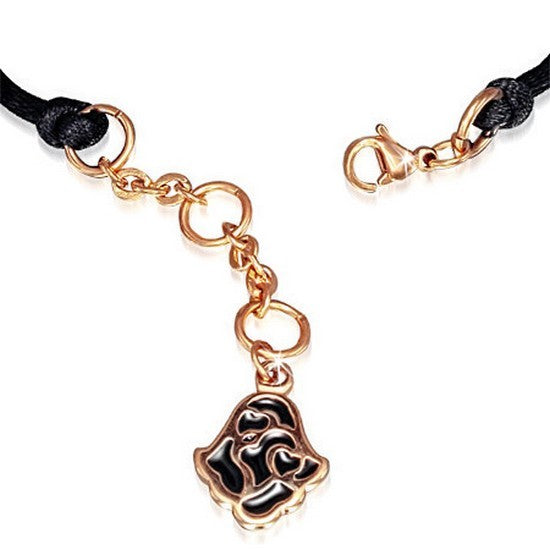 Black Cord Stainless Steel Rose Gold-Tone Flower CZ Wristband Bracelet