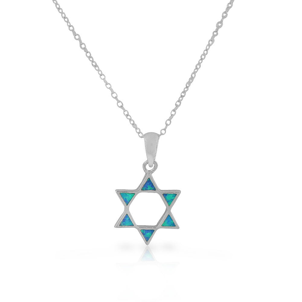 925 Sterling Silver Blue Simulated Opal Jewish Star of David Pendant Necklace