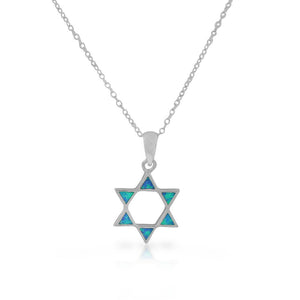 925 Sterling Silver Blue Simulated Opal Jewish Star of David Pendant Necklace