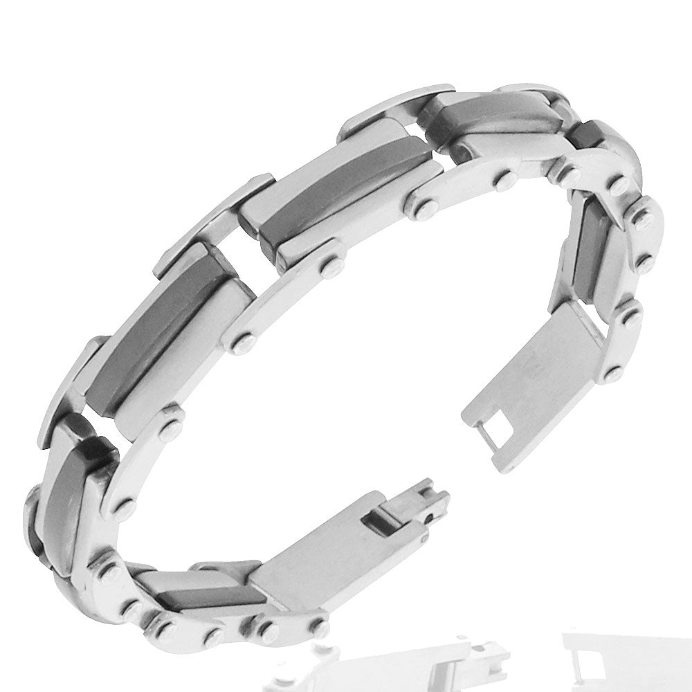 Stainless Steel Black Silver-Tone Link Mens Bracelet,