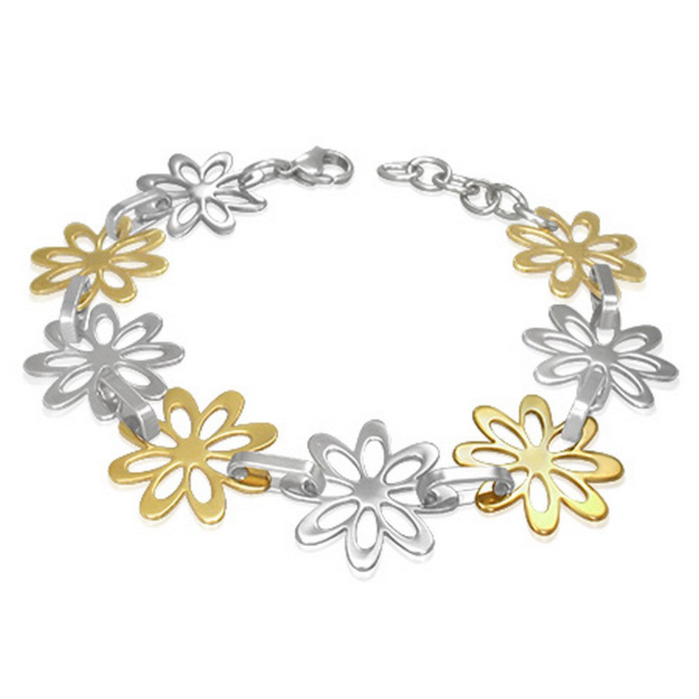 Stainless Steel Two-Tone 3D Flower Floral Link Womens Bracelet
