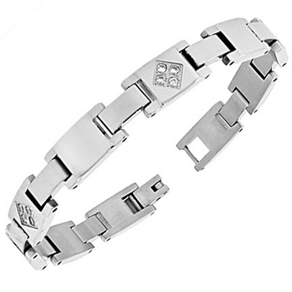 Stainless Steel Link White Round CZ Mens Bracelet