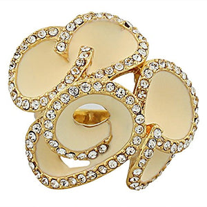 Fashion Alloy Yellow Gold-Tone White Enamel CZ Large Cocktail Flower Ring