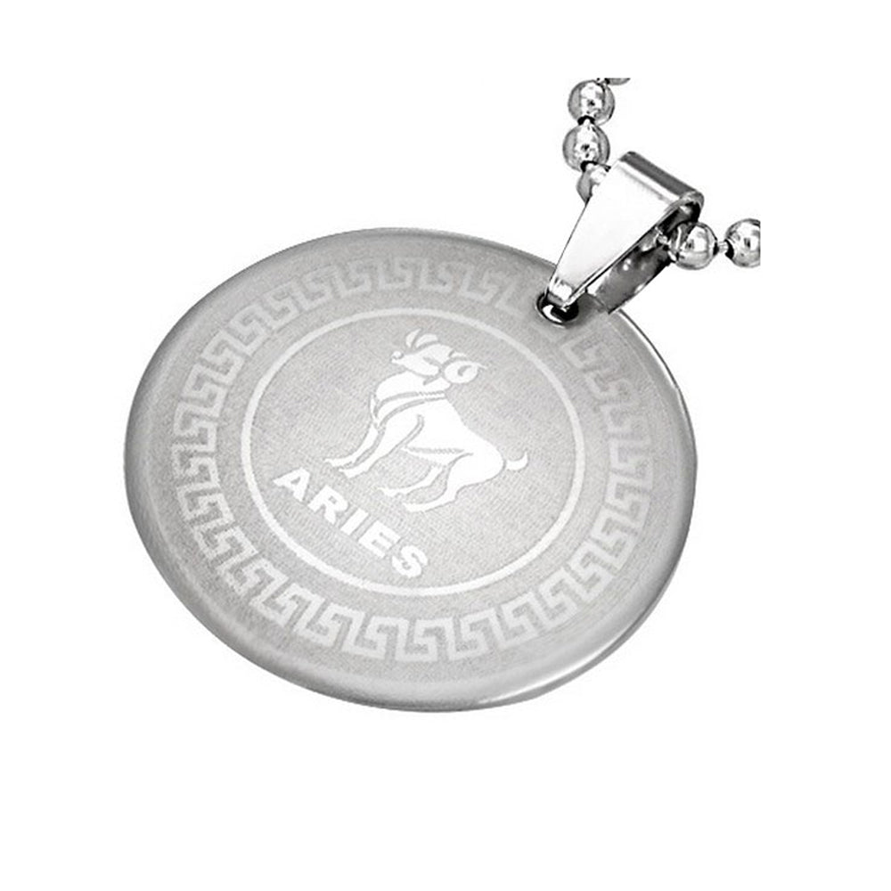 Stainless Steel Silver-Tone Greek Key Zodiac Sign Necklace Pendant - Aries