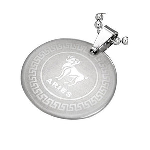 Stainless Steel Silver-Tone Greek Key Zodiac Sign Necklace Pendant - Aries