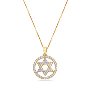925 Sterling Silver Yellow Gold-Tone Jewish Star of David White CZ Pendant Necklace