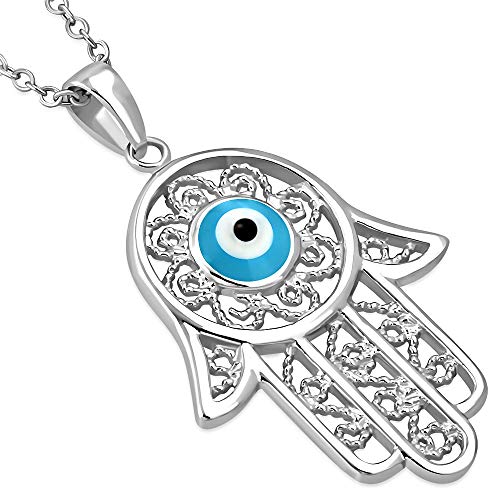 Gold Hamsa with Turkish Evil Eye Necklace Pendant Sterling Silver