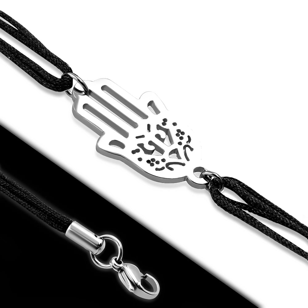 Stainless Steel Silver Black Cord Hamsa Hand Good Luck Bracelet