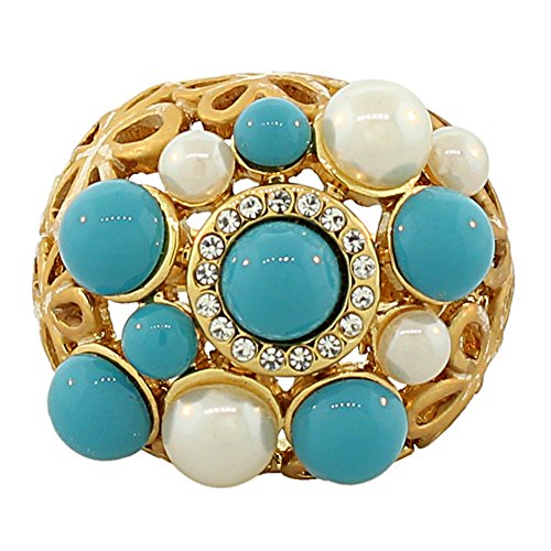 Fashion Alloy Yellow Gold-Tone Simulated Pearls Turquoise CZ Statement Cocktail Ring