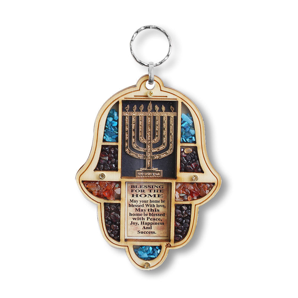 Jewish Wooden Hamsa Menorah Blessing for Home - Good Luck Wall Decor with Simulated Gemstones