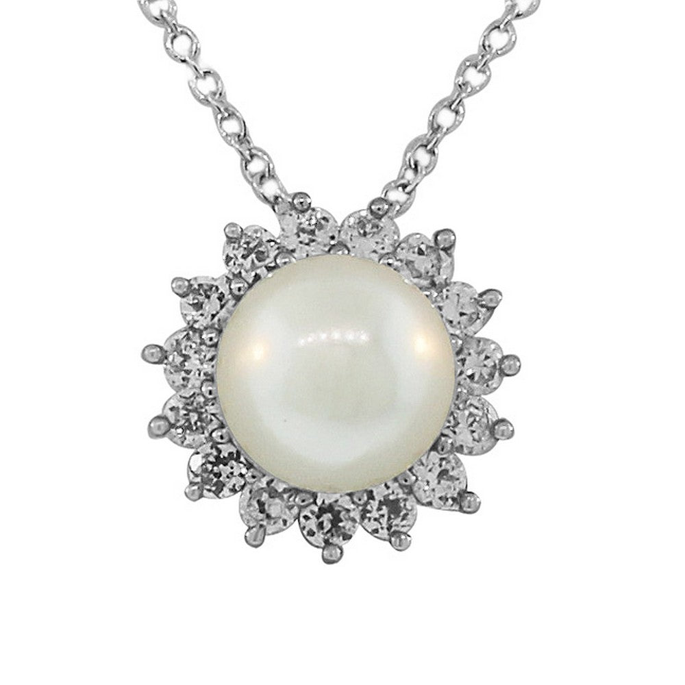 925 Sterling Silver Womens Solitaire Simulated Pearl White CZ Pendant Necklace