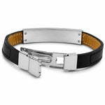Men's Black Leather Bracelet with Stainless Steel Two Tone Gold & Silver ID Plate, 8 Inch Fashion Bracelet for Men