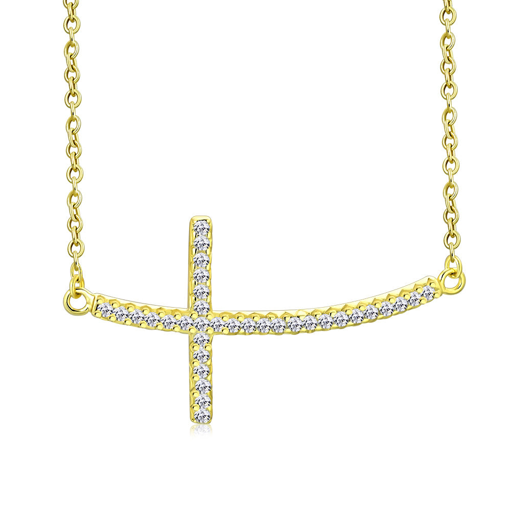 925 Sterling Silver Yellow Gold-Tone Womens Sideways Religious Cross White CZ Pendant Necklace