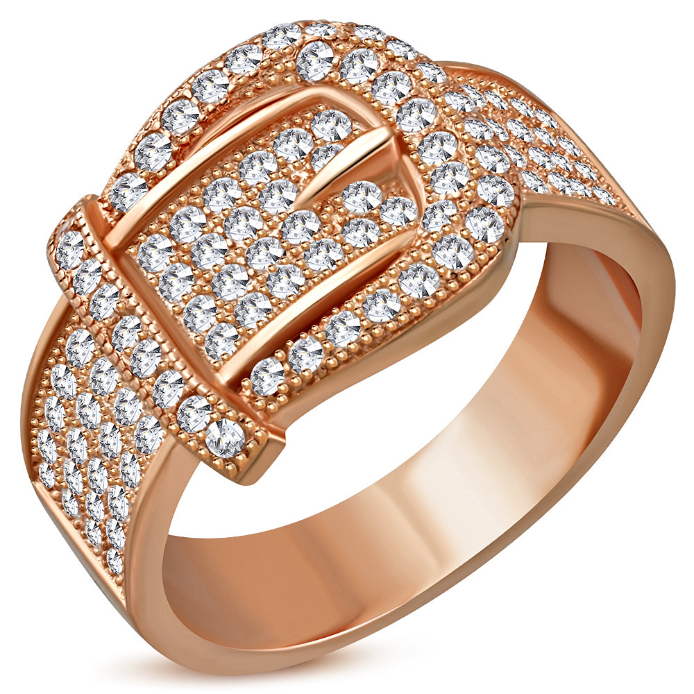 My Daily Styles 925 Sterling Silver Women's Rose Gold-Tone White CZ Stones Belt Buckle Ring