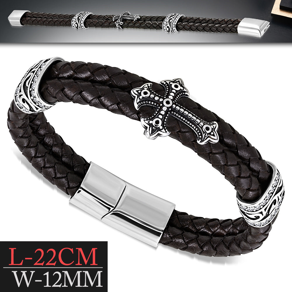 Stainless Steel Silver-Tone Braided Leather CZ Cross Mens Cuff Bracelet, 8.5"