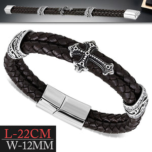 Stainless Steel Silver-Tone Braided Leather CZ Cross Mens Cuff Bracelet, 8.5"