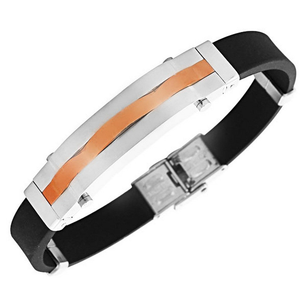 Stainless Steel Black Rubber Silicone Silver-Tone Men's Bracelet