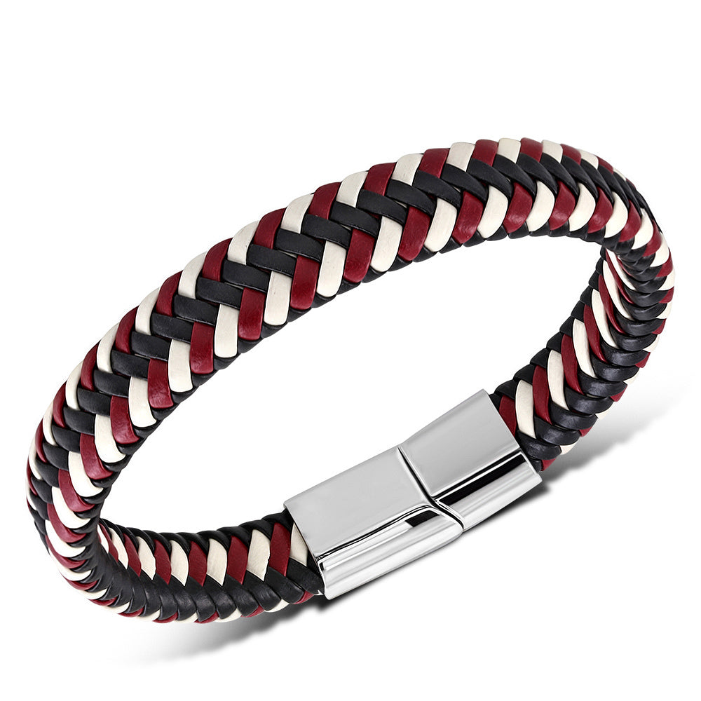 Stainless Steel Silver-Tone Multi-Color Braided Leather Mens Cuff Bracelet, 8.5"