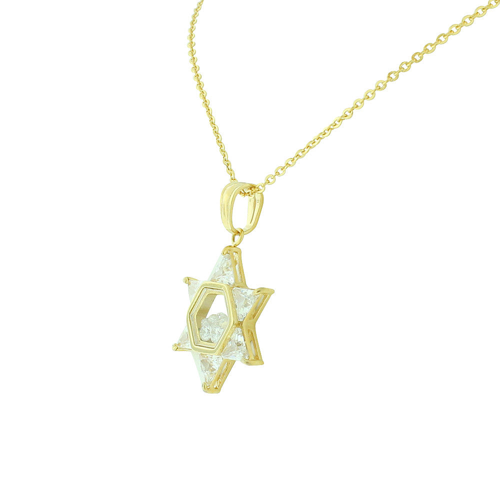 Stainless Steel Yellow Gold-Tone Clear White CZ Jewish Star of David Pendant Necklace