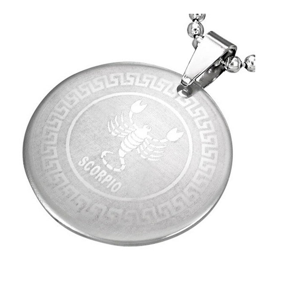 Stainless Steel Silver-Tone Greek Key Zodiac Sign Necklace Pendant - Scorpio