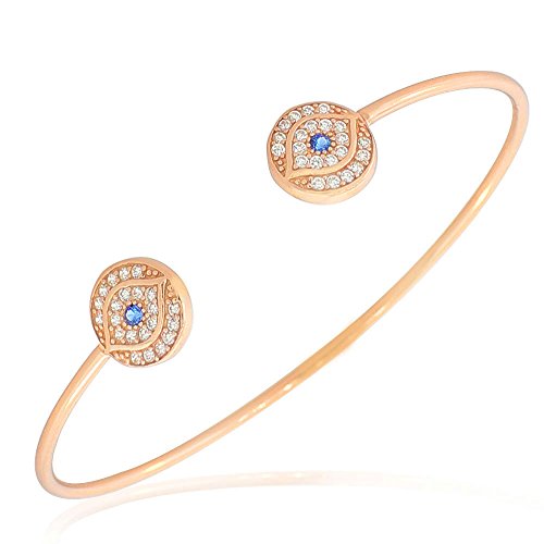 925 Sterling Silver Yellow Gold-Tone White Blue CZ Evil Eye Open End Bangle Bracelet
